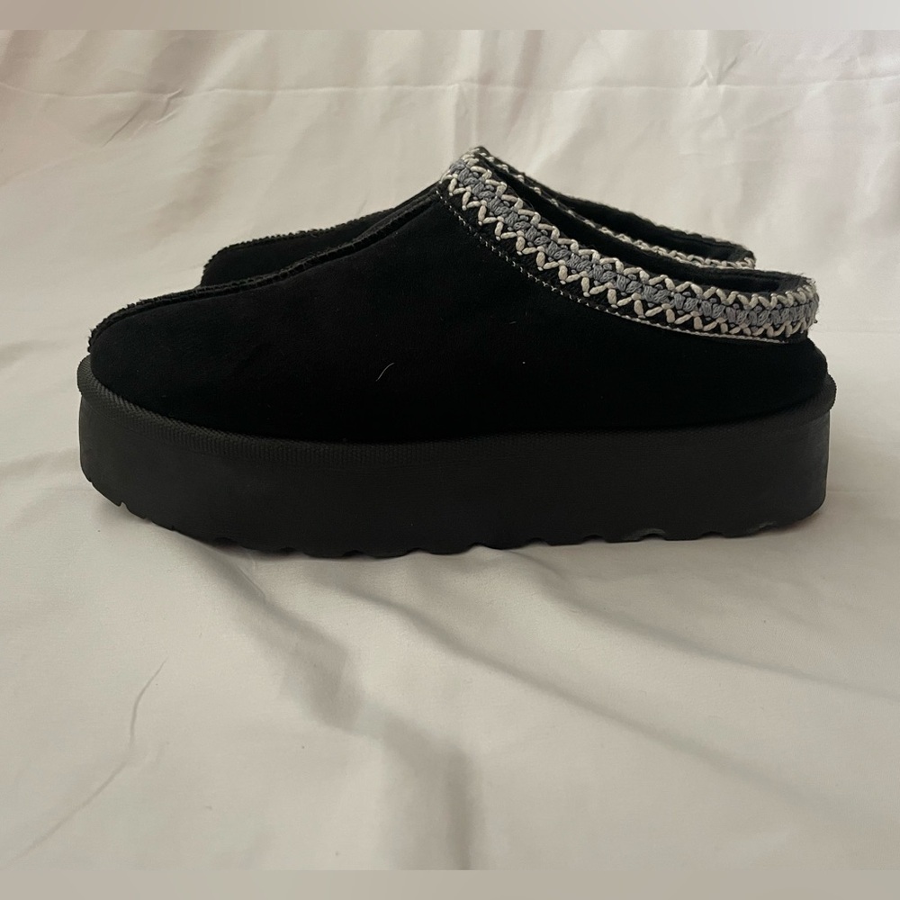Black Platform Mules with Woven Trim